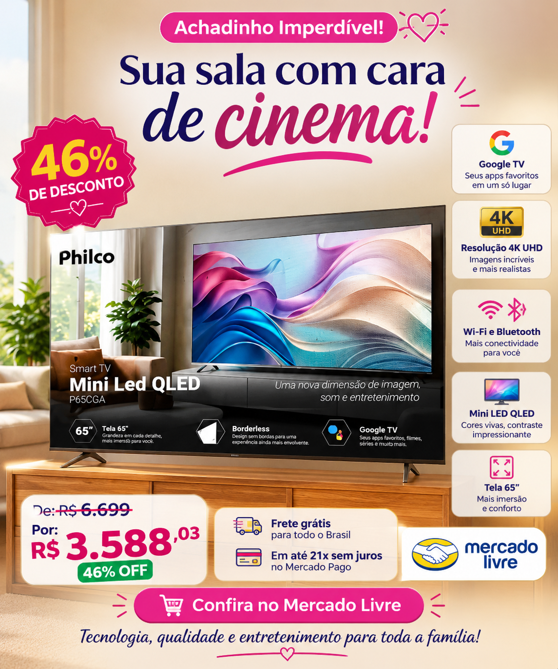 ChatGPT Image Smart TV Philco 65 Mini LED QLED