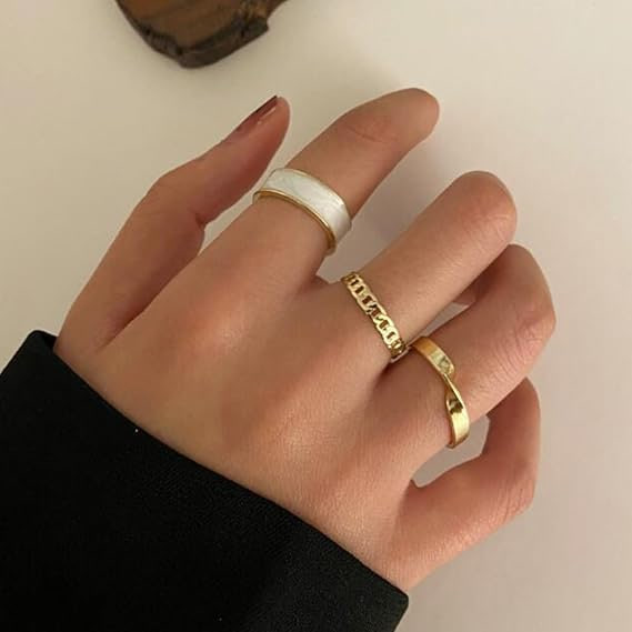 SAIT Conjunto de anéis femininos em tom dourado com abertura ajustável