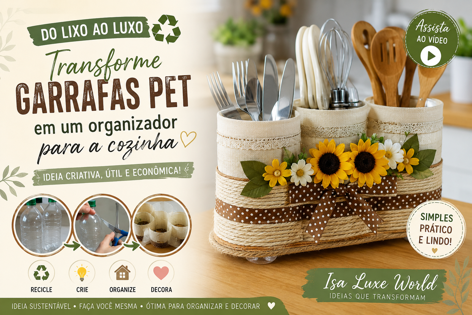 Como Transformar Garrafas PET em Organizador de Cozinha | Do Lixo ao Luxo Quem diria que simples garrafas PET poderiam ganhar uma nova vida e se transformar em um organizador bonito, prático e útil para a cozinha? ♻️💛