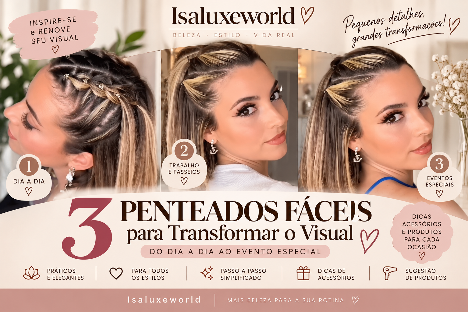 3 Penteados Fáceis e Elegantes para o Dia a Dia e Eventos