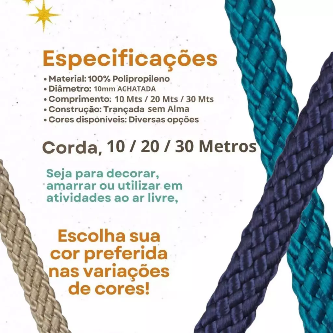 👀✨Sait - Corda Chata 10 Milímetros Náutica Com U.V. ( 10 Metros 20 Metros 30 Metros )