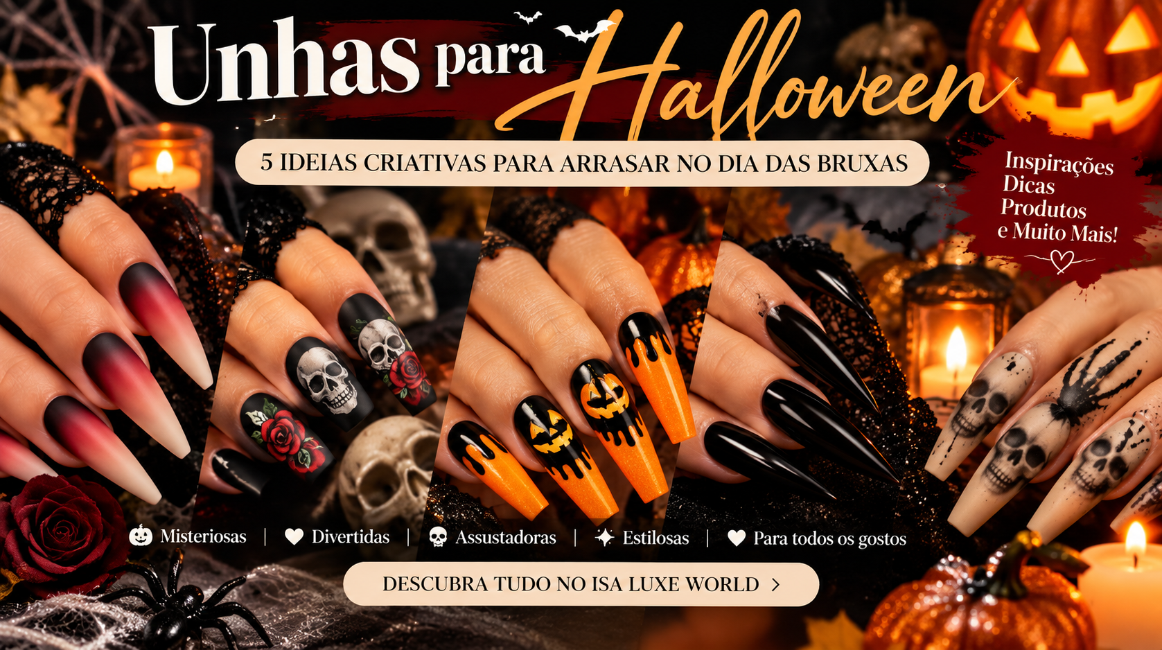 5 ideias de unhas para Halloween: caveiras, abóboras, preto, vermelho e efeitos sombrios. Inspire-se para festas e crie uma nail art incrível! 🎃💅